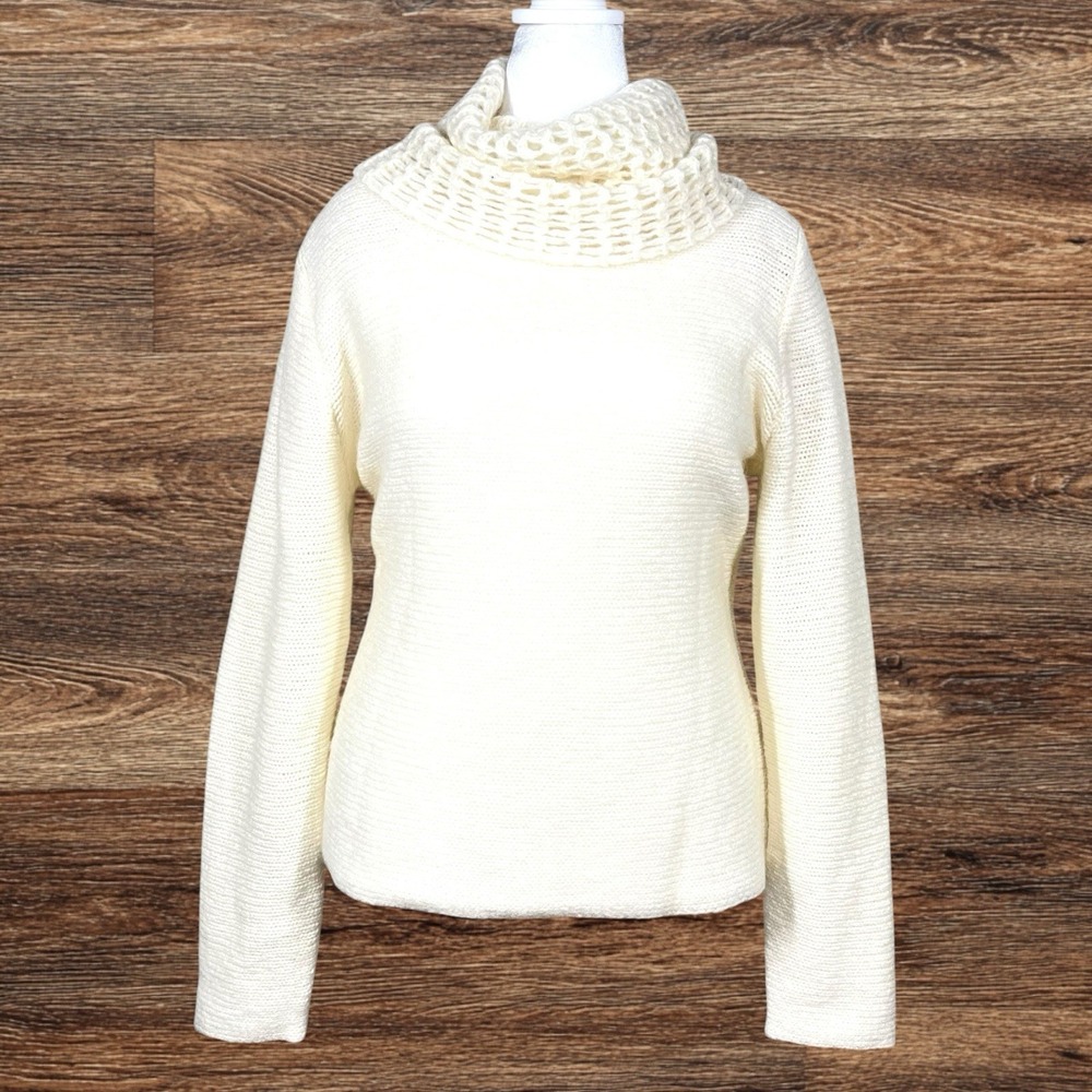 NEW Eileen Fisher Crochet Cowl Neck Sweater Size L Ivory Mohair Wool Melange